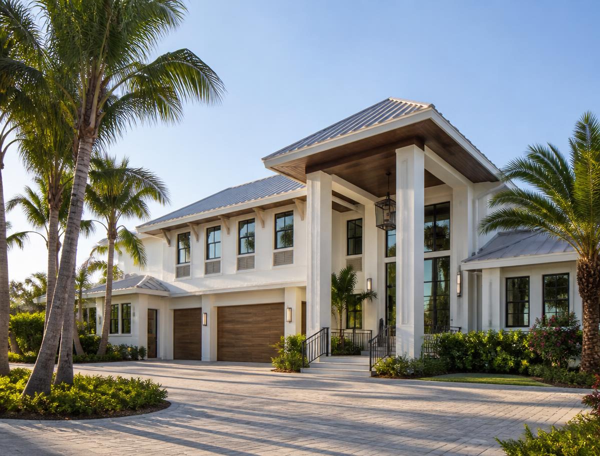 Modern Florida home with palm trees at golden hour